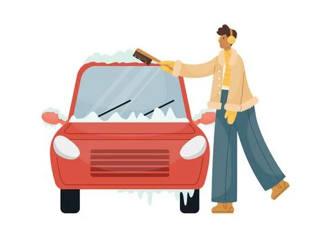 Vector illustration of a man sweeping snow with a brush from a car. Stock-Illustration