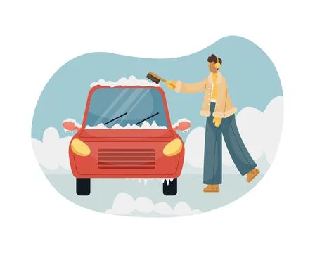 Vector illustration of a man sweeping snow with a brush from a car. Stock Illustration