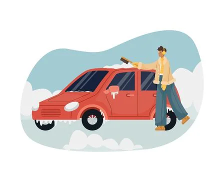 Vector illustration of a man sweeping snow with a brush from a car. Illustrazione stock