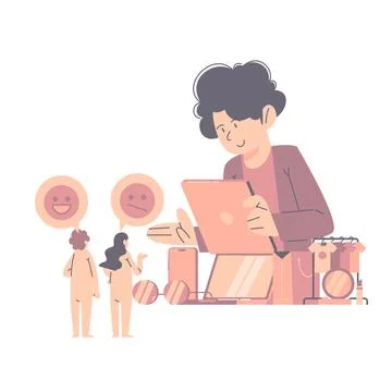 Vector illustration of a man with a tablet receiving feedback about a produ.. Stock Illustration