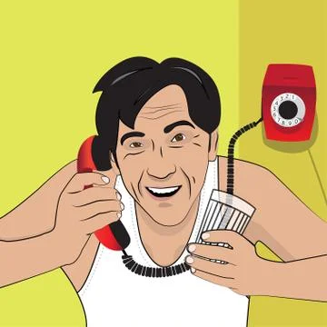 Vector illustration with a man talking on the phone. Retro style. Stock Illustration