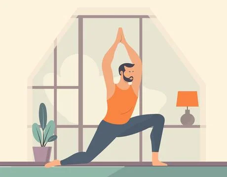 Vector illustration of a man training yoga in the room, yogist in meditation. Stock Illustration