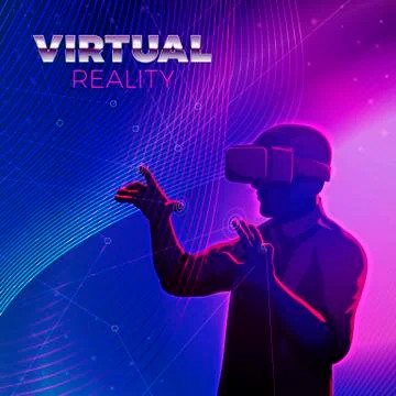 Vector illustration - man in virtual reality glasses, on a neon dark background Stock Illustration