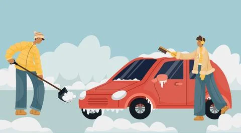Vector illustration of a man in winter clothes cleaning snow in a car parking Stock Illustration