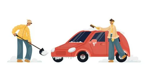 Vector illustration of a man in winter clothes cleaning snow in a car parking Stock Illustration