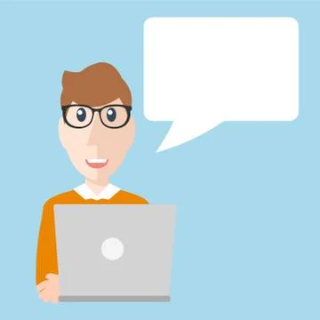 Vector illustration of man working on the computer and talking Stock Illustration