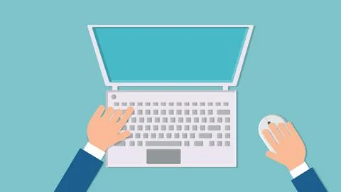 Vector illustration of a man working with his hands on a laptop computer with Stock Illustration