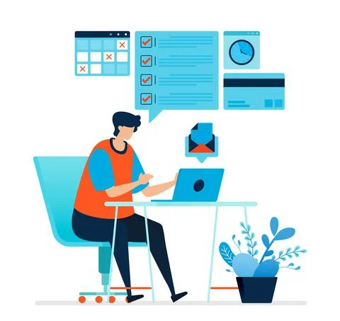Vector illustration of man working at home. Work from a work desk at home. Co Stock Illustration