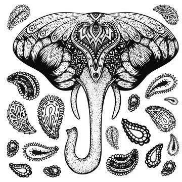 Vector illustration of mandala elephant and paisley elements Stock Illustration