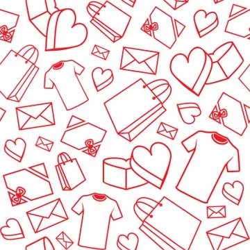 Vector illustration of many objects on a love theme. Red lines on white backg 스톡 일러스트