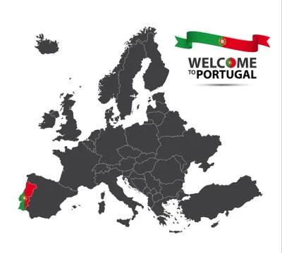 Vector illustration of a map of Europe with the state of Portugal Stock Illustration