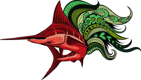 Vector illustration of marlin fish with mandala decoration Stock Illustration