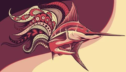 Vector illustration of marlin fish with mandala decoration Stock Illustration