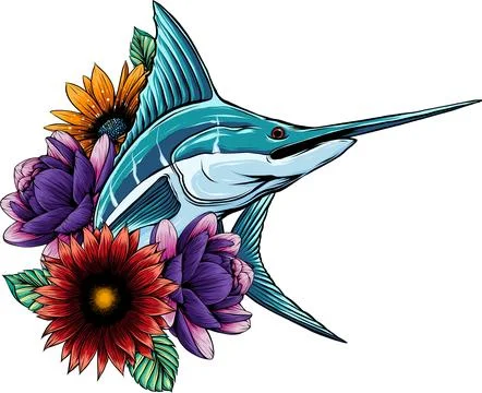 Vector illustration of Marlin Sailfish Swordfish with flowers 스톡 일러스트