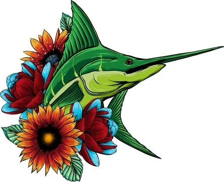 Vector illustration of Marlin Sailfish Swordfish with flowers 스톡 일러스트