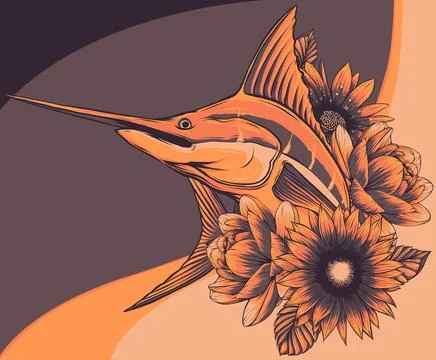 Vector illustration of Marlin Sailfish Swordfish with flowers 스톡 일러스트