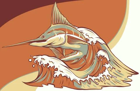 Vector illustration of marlin with sea wave Stock Illustration