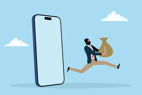 Vector illustration of a masked cyber thief running with a bag labeled DATA Stock Illustration