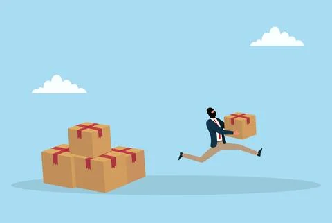 Vector illustration of a masked thief running away with a stolen package box Stock Illustration