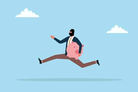 Vector illustration of a masked thief running away with a piggy bank Stock Illustration