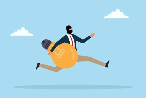 Vector illustration of a masked thief running with a light bulb Stock Illustration