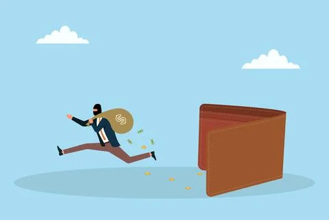 Vector illustration of a masked thief running away with a money sack from wallet Stock Illustration