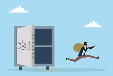 Vector illustration of a masked thief running away with a money sack from vault Ilustración de archivo