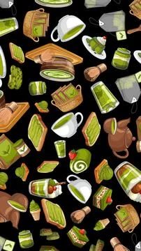 Vector illustration of matcha sweets, tea bags, whisks, and teapots on a blac Stock Illustration