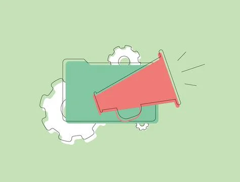 Vector illustration of a megaphone over a folder with gears, symbolizing content Illustrazione stock