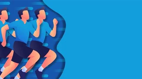 Vector illustration of men running marathon race with copy space on blue ba.. Stock Illustration