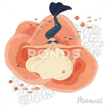 Vector illustration of a mermaid lying on the corals at the bottom. Isolated Stock Illustration