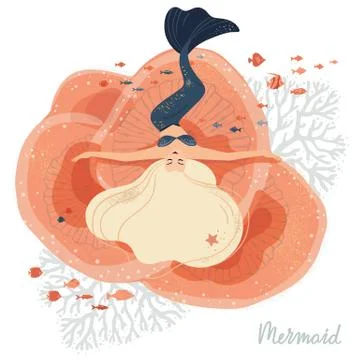 Vector illustration of a mermaid lying on the corals at the bottom. Isolated Stock Illustration