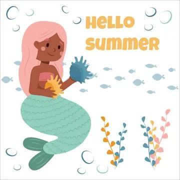 Vector illustration of a mermaid postcard. Hello summer. Mermaid, siren, po.. Stock Illustration