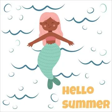 Vector illustration of a mermaid postcard. Hello summer. Mermaid, siren, po.. Stock Illustration