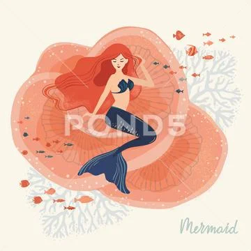 A vector illustration of a mermaid sitting on corals at the bottom of the oce Stock Illustration