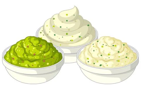 Vector Illustration of Mexican Food Dips in White Bowls Stock Illustration