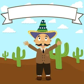 Vector Illustration of Mexico Boy With Blank Banner and Cactus Background. Stock Illustration