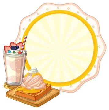 Vector Illustration of Milkshake and Waffle with Blank Circular Frame Stock Illustration