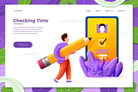 Vector illustration mobile app check - cartoon boy with pencil and smartpone Stock Illustration