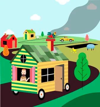 Vector illustration. Mobile home rides on the road. Vacation, summer. Stock Illustration