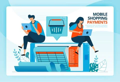Vector illustration for mobile payment and shopping bills. Human vector carto Illustrazione stock