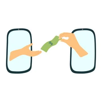 Vector illustration of mobile phone, hands sending and receiving money. Concept Stock Illustration