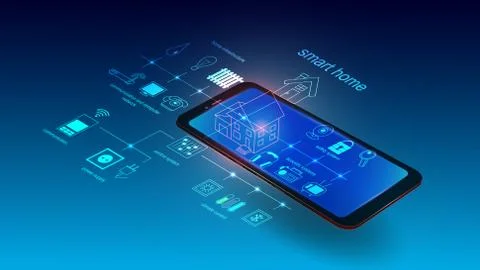 Vector illustration of a mobile phone with smart home system elements. Science 스톡 일러스트