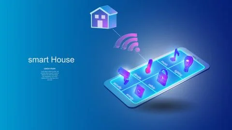 Vector illustration of a mobile phone with smart home system elements. Science Illustrazione stock