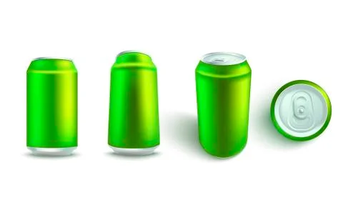 Vector illustration mockup set of blank green aluminum soda or beer can. Stock Illustration