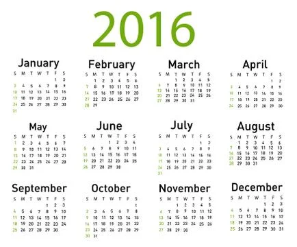 Vector illustration of a modern and simple calendar 2016 Stock Illustration