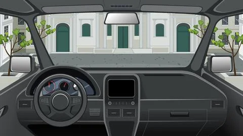 Vector Illustration of a Modern Car Interior Dashboard and City View Stock Illustration