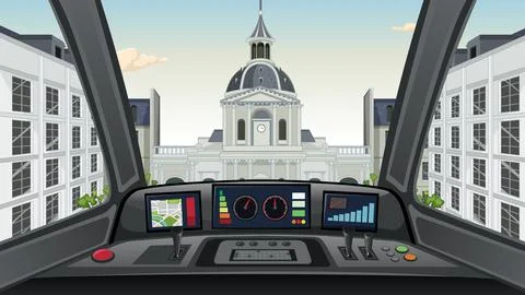 Vector Illustration of a Modern Train Cockpit View Facing European Architectu Stock Illustration
