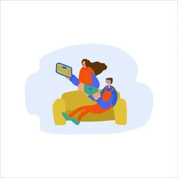 Vector illustration Mom and son are sitting at home, reading a newspaper or news Stock Illustration