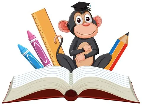 Vector illustration of a monkey graduate with open book, ruler, crayons, and  Stock Illustration